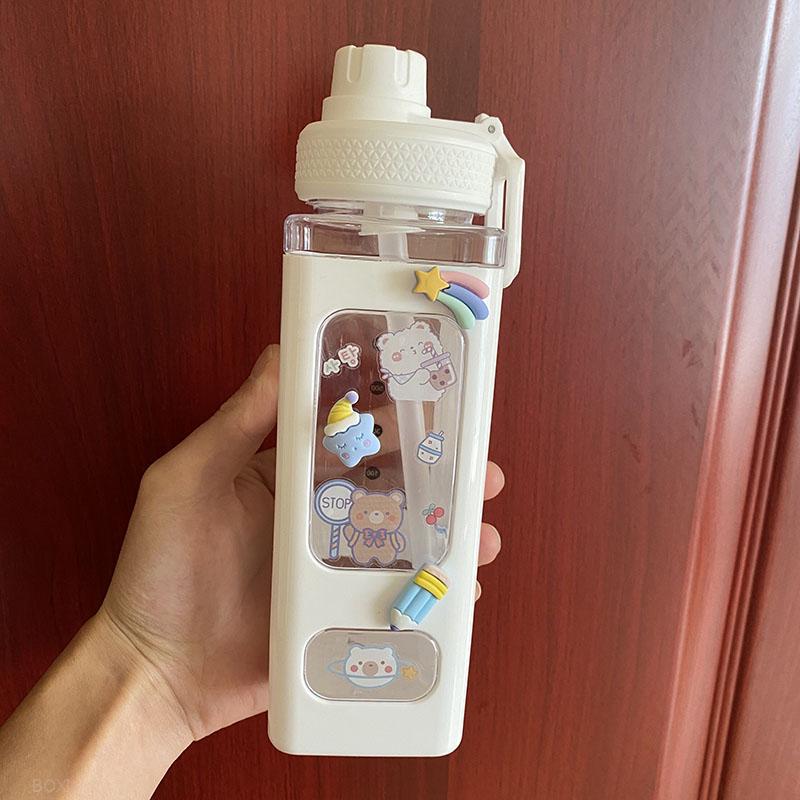 Kawaii Pastel Straw Bottle New Transparent Square Cute Water Bottles Large Capacity Travel Outdoor Sport Cycling Bottle BPA Free