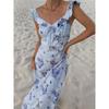 Autumn New Women's Sexy Low Chest Hottie Vacation Vintage Printed Slim Sling Dress