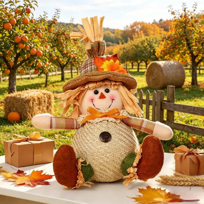 1pc Plush Scarecrow Doll Thanksgiving Fall Harvest Decoration Sitting Scarecrow Figurine for Autumn Home and Farmhouse Decor