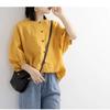 Womens Teal Linen Blouse Casual Round Neck Lantern Sleeve Button Up Solid Color Top