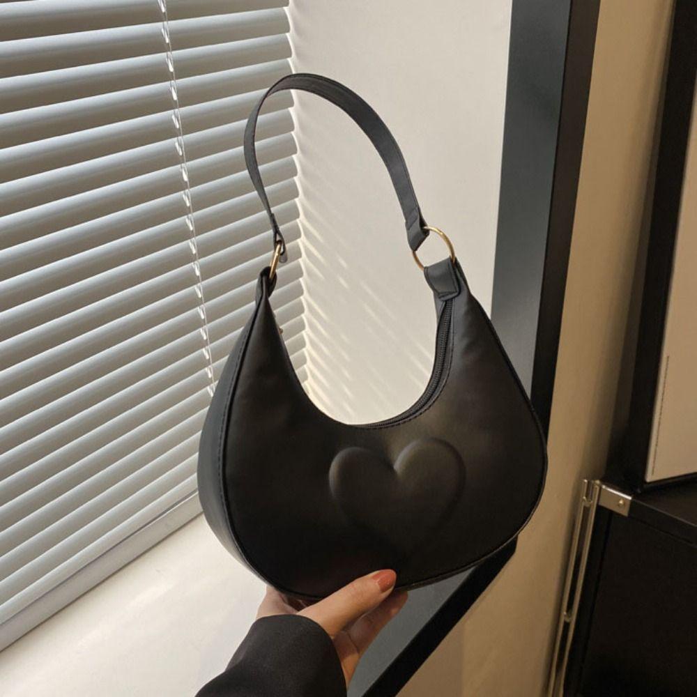 Solid Color PU Leather Shoulder Bag Love Heart Hobo Bag Portable Crescent Moon Underarm Bag  Girls
