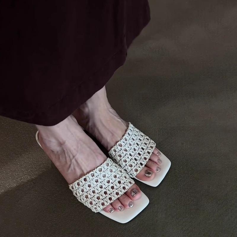 Sheepskin version~ Summer fashion new woven hollow mesh fashion outer wear stiletto one-word drag cool slippers women