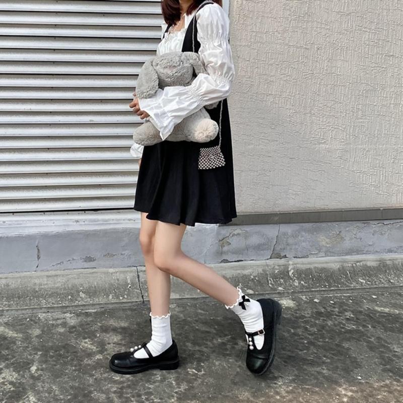 Fashion Harajuku Middle Tube Frilly Socks Women Girls School Student Cute Pearls Bowknot Ruffke Trim Cotton Ankle Socks