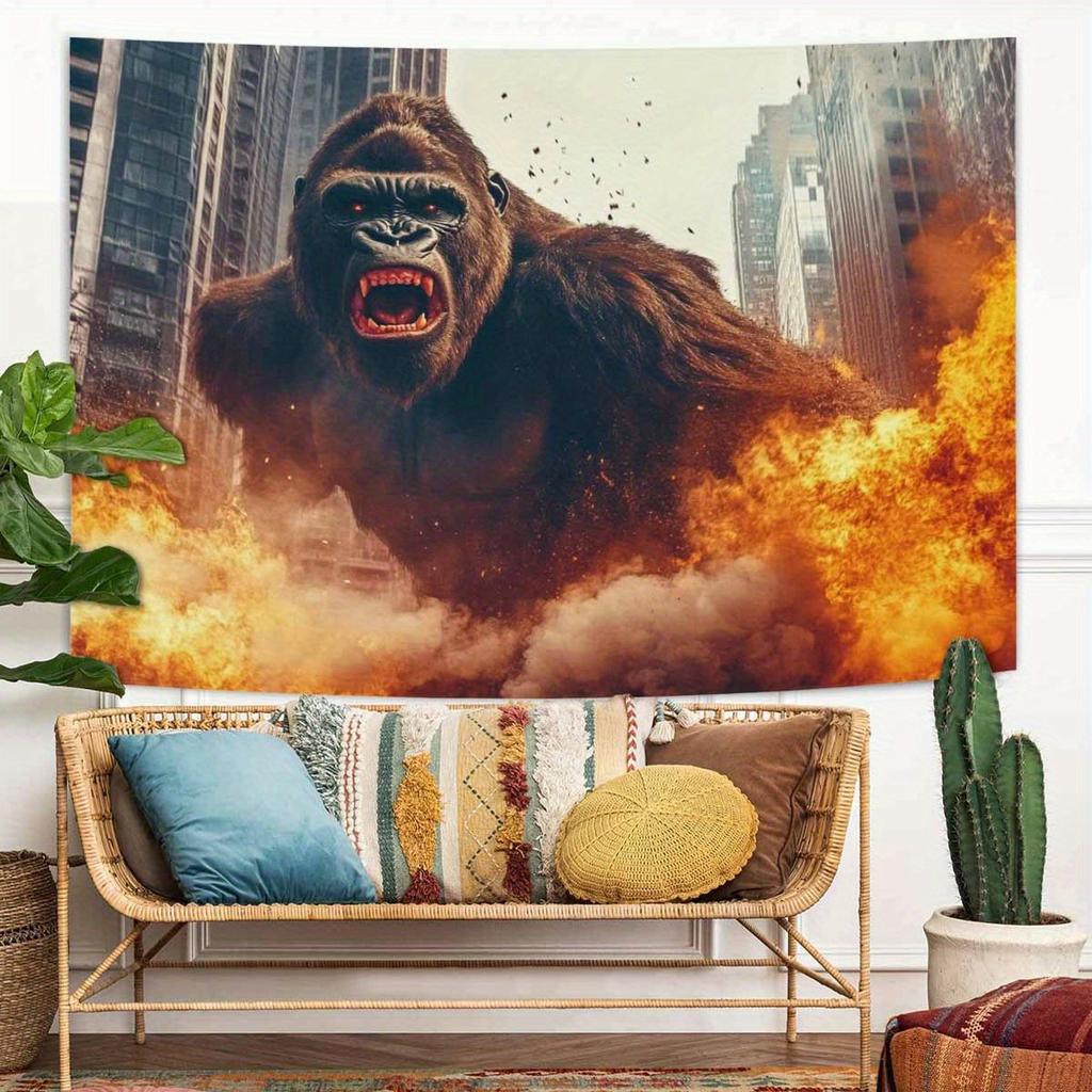 Angry Orangutan Wall Art Tapestry Peach Light Beige Fabric Horizontal Wall Hanging with Vibrant Flames Cityscape Design