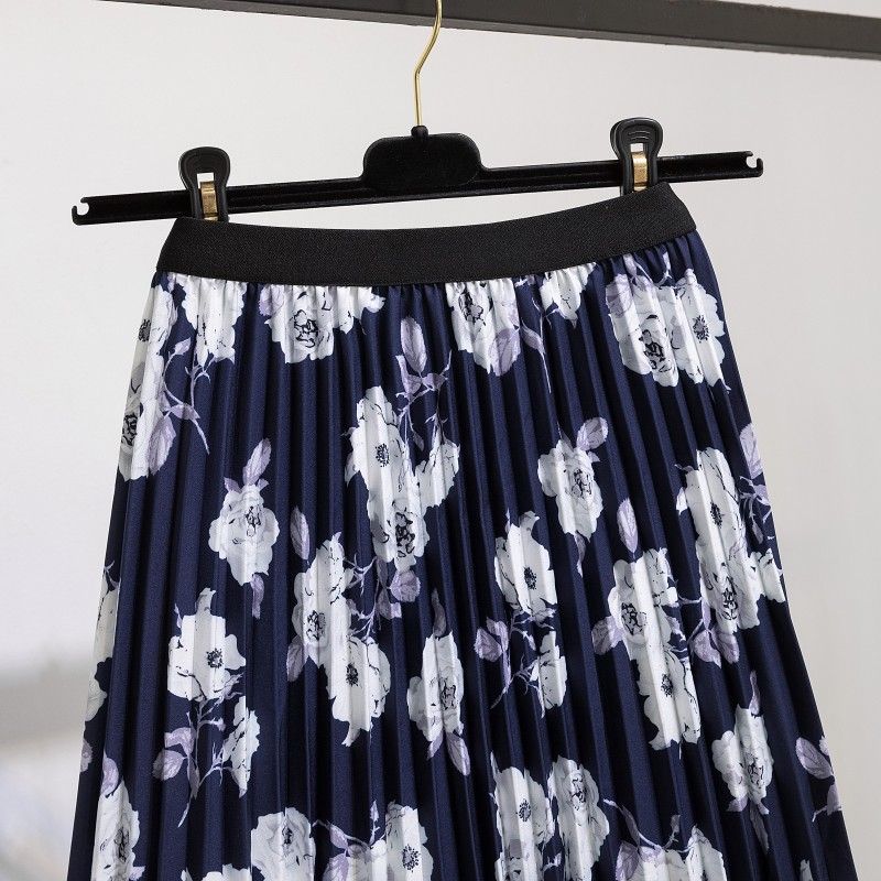 Summer New Sweet Fashionable and Comfortable Half Body Printed Elastic Waist Over Knee Long Pleated Skirt