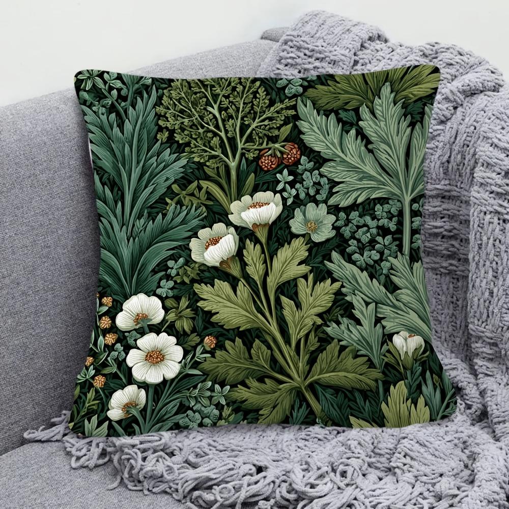 1Pc Cottagecore Living Room Pillow Cover, Polyester 2D Double Sided Print Cushion Case, Dark Green Botanical Throw Pillowcase Fo