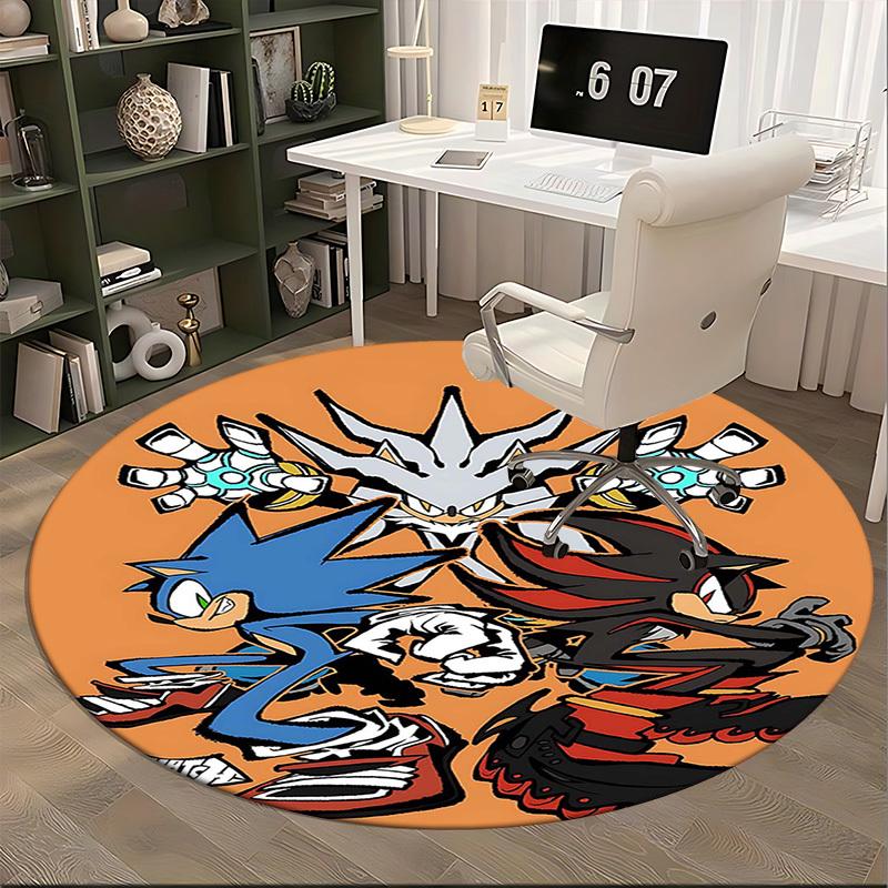 1 ks Kobercový kruhový koberec s designem postavičky Sonic the Hedgehog z anime kresleného filmu, Podložka pod kancelářskou židli, Protiskluzový koberec pro domácí dekoraci