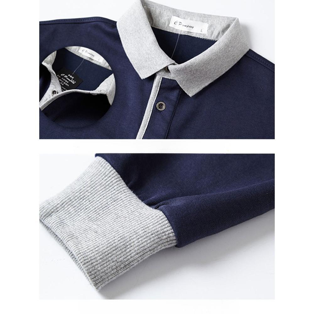 Men's Retro Color Block Long Sleeve Polo – Soft Touch Jersey Shirt with Contrast Cuffs & Vintage Logo – Smart Casual Business Wear