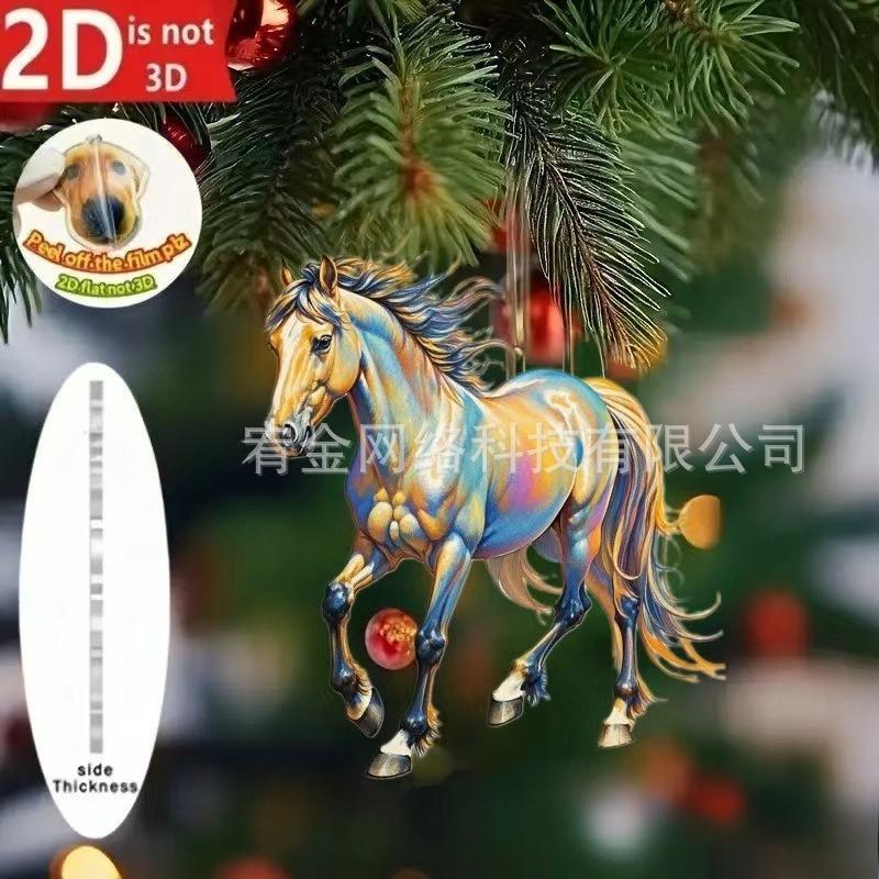 2D Christmas Tree Horse Ornaments Xmas Metallic Rhinestones Horse Christmas Hanging Horse Ornaments Gifts Home Decoration