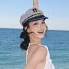 Women's Navy Blue Striped Wide Brim Sun Hat - Summer Beach Vacation Style, Sailor-Inspired Japanese Design