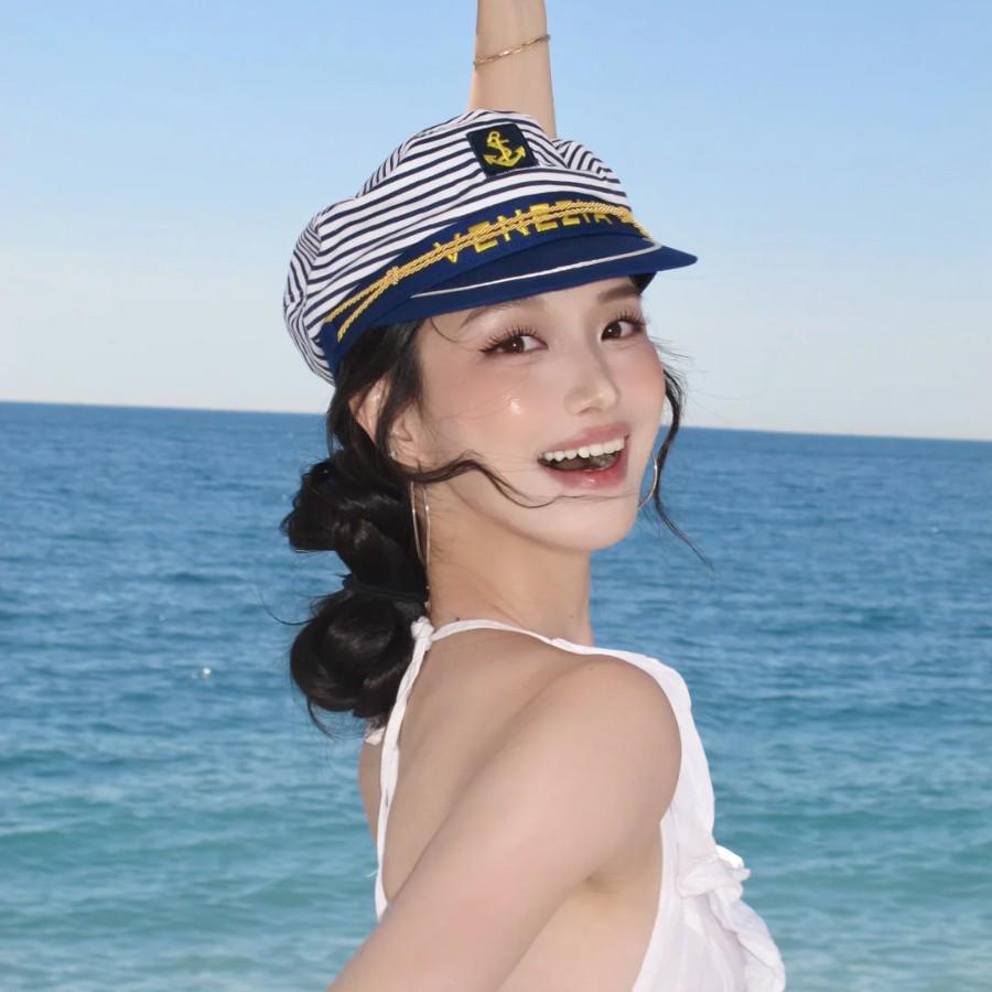 Women's Navy Blue Striped Wide Brim Sun Hat - Summer Beach Vacation Style, Sailor-Inspired Japanese Design