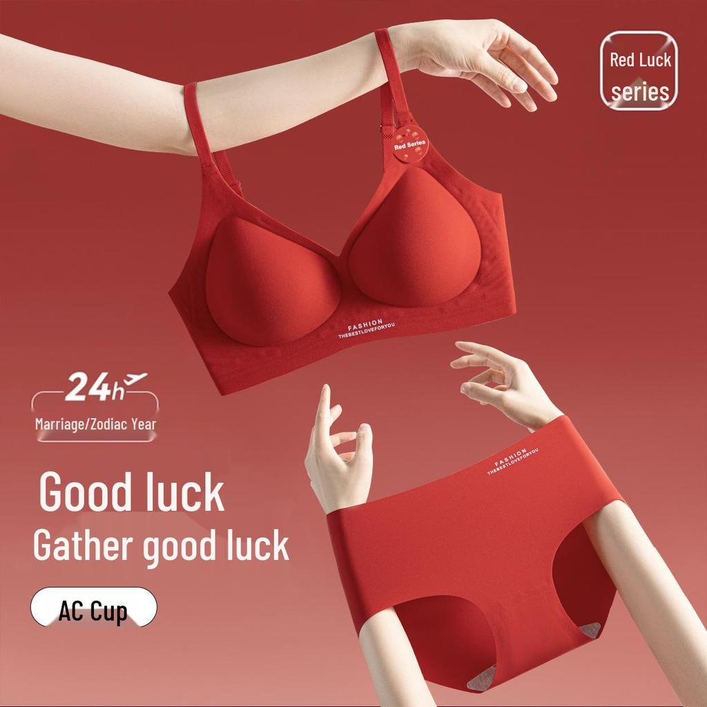 New Year Festive Red Seamless Push-up Wireless Bra and Triangle Panties Set
