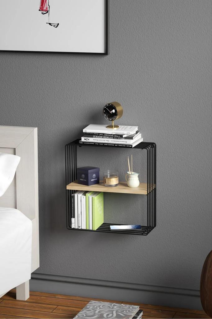 Modern Metal 3 Tiers Wall Shelf Decorative Bookcase with Wooden Shelf Metal Nightstand Home Storage and Organizer