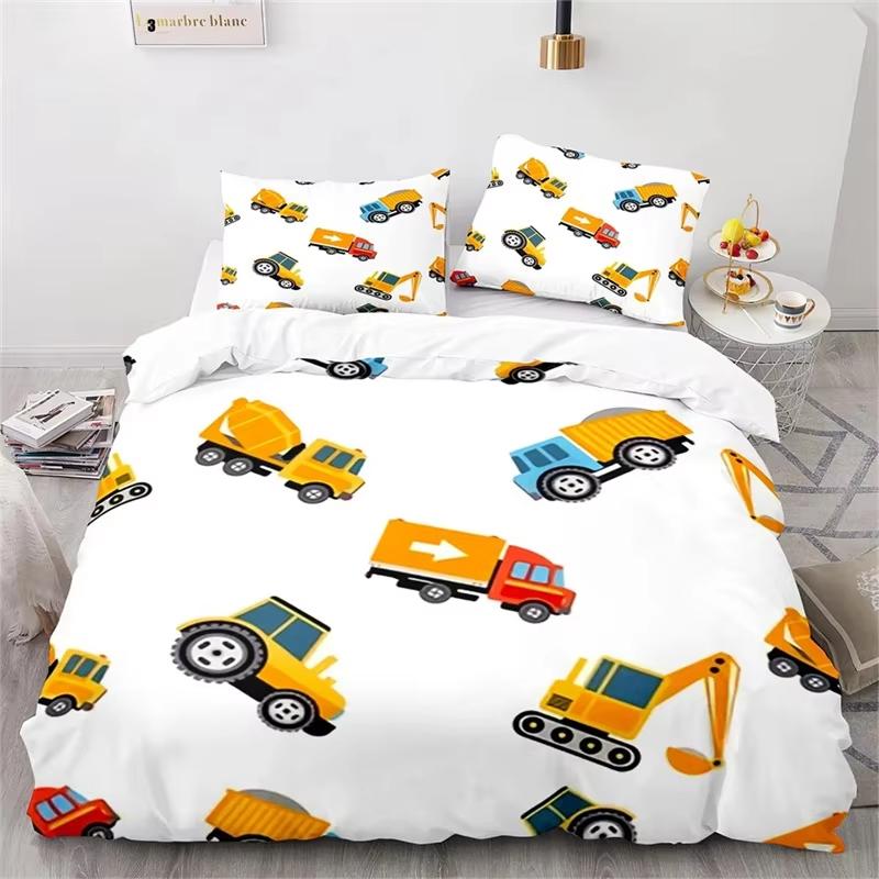 Cartoon Pattern Duvet Cover Set King Size Double Bed Full Size Engineering Truck Set Kids Boys Girls Excavator Bedding 3 Pcs