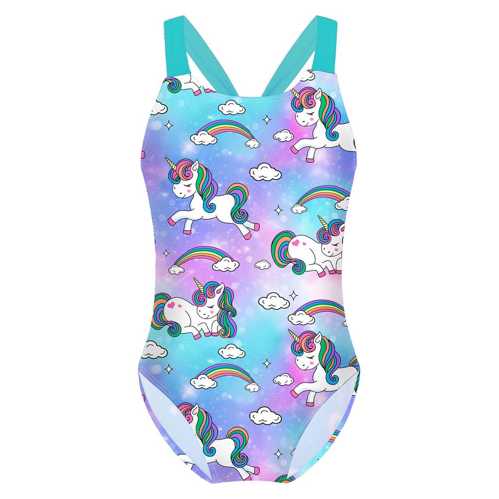 Girls Sleeveless Swimsuit Wide Straps Sapphire Print Horse Stars Pattern One Piece Bathing Suit
