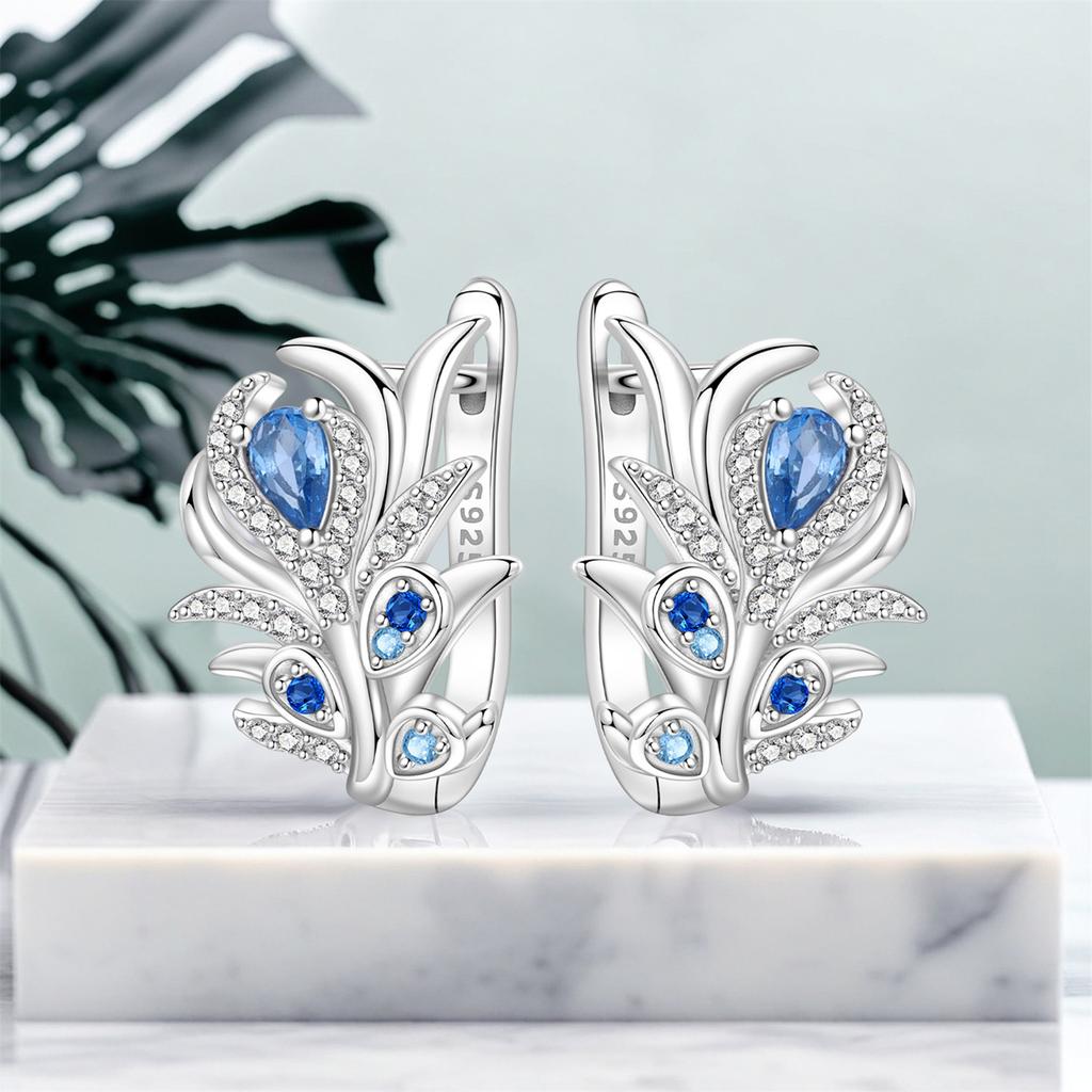 S925 Sterling Silver Blue Zircon Feather Earrings Hoop Earrings Women Jewelry Original Trendy Anniversary Gifts