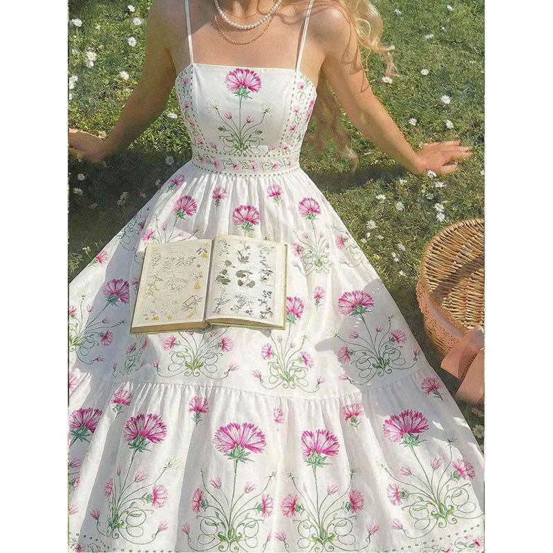 2026 spring and summer sweet romantic French fake style dress, suspender positioning printing waist backless European and American women's clothing
