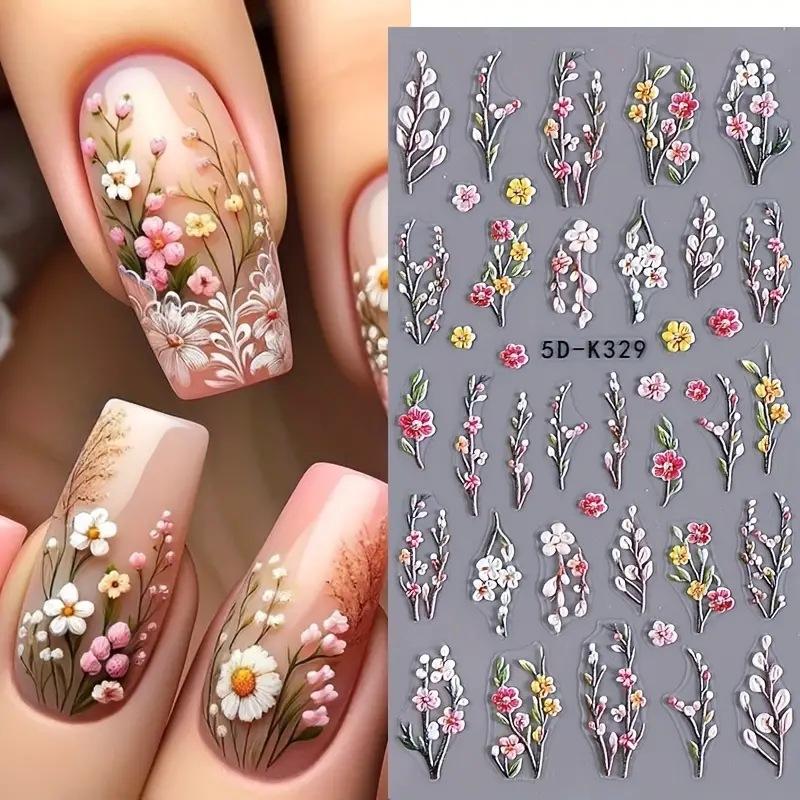 5D embosované samolepky na nehty Bílé květinové obtisky na nehty Gravírování květinových tipů na nehty