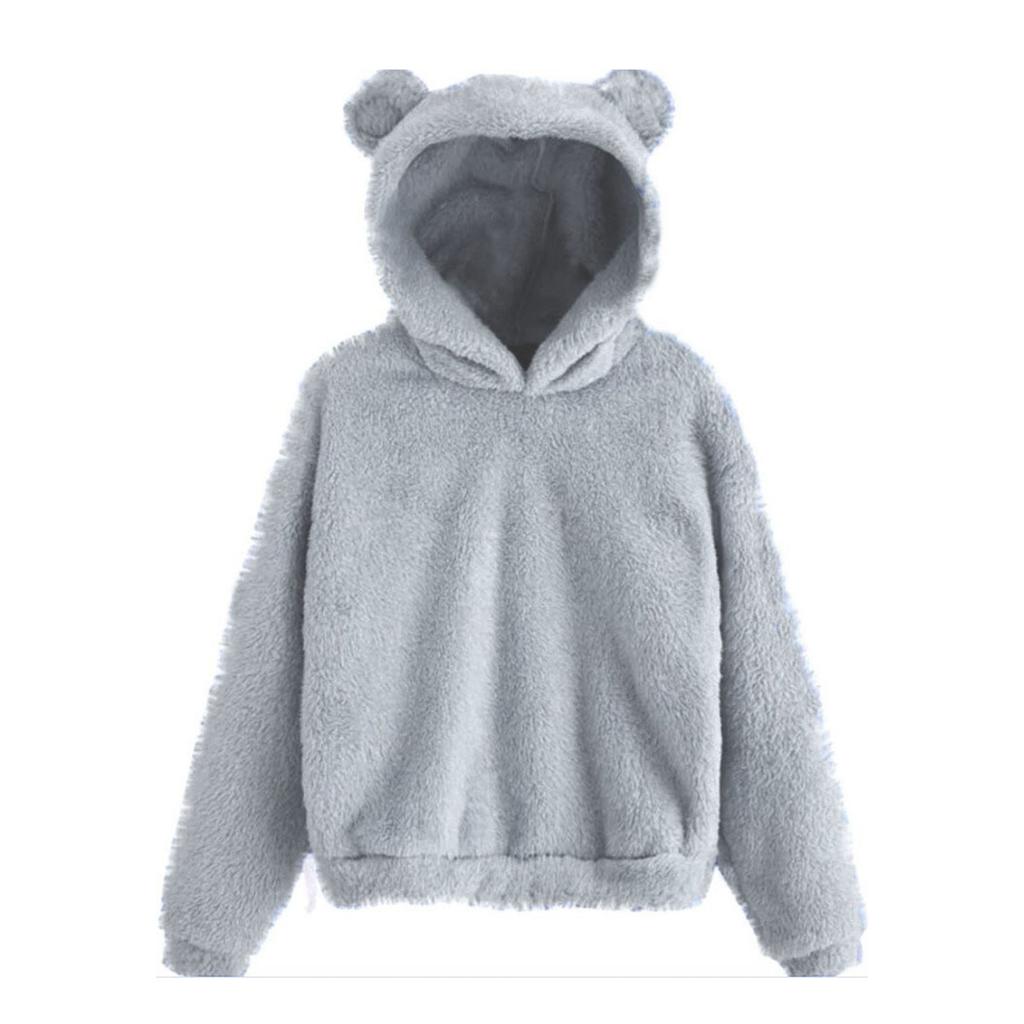 Women's Fashion Long Sleeve Solid Color Fleece  Ears Hooded Warm Sweater Sweatshirt