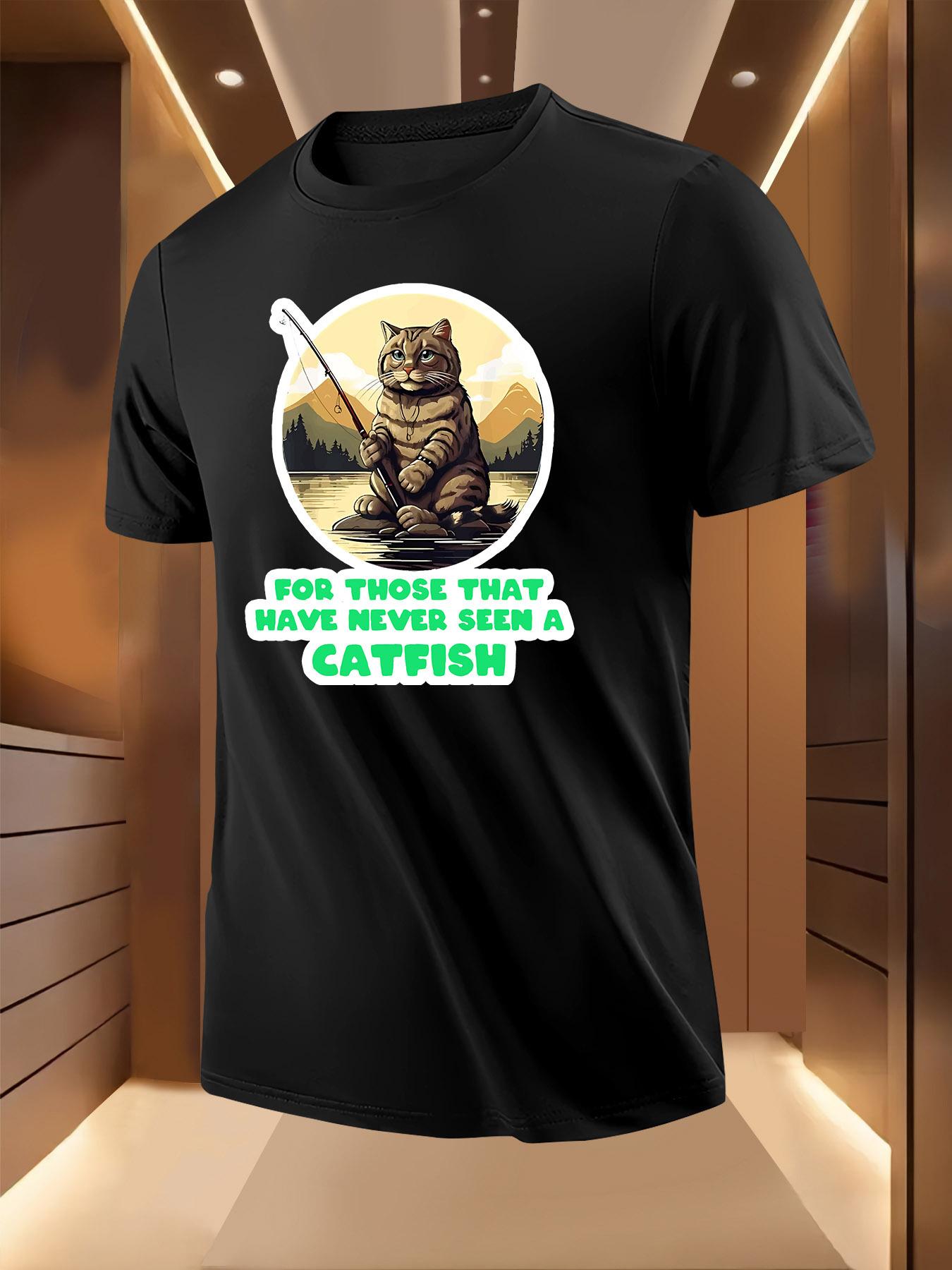 Funny Fishing Cat Graphic Tshirt - Light Yellow Tee with ... XXL