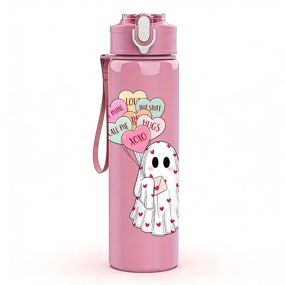 1PC Ghost Holding Flower Halloween Print 750ml Color Plastic Sports Water Bottle Leakproof Flip Straw Lid Suitable for Sports Office Home Use