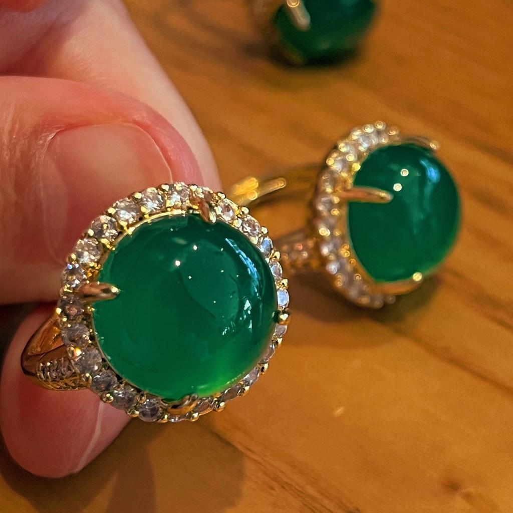 Full Green Yang Green Natural Agate Chalcedony Ring Women's Opening Slightly Inlaid