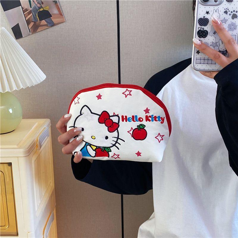 Hello Kitty Shell Shaped Cosmetic Bag 3D Embroidery Cute Cartoon Cat Storage Pouch Portable Travel Toiletry Bag