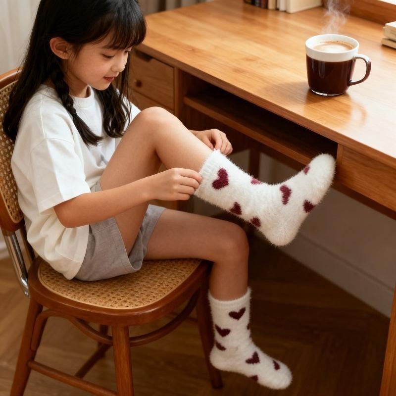 5Pairs Winter Warm Womens Plush Heart Design Socks Fleece Lined Comfortable Non-Slip Ankle Socks Casual Cute Gift Idea