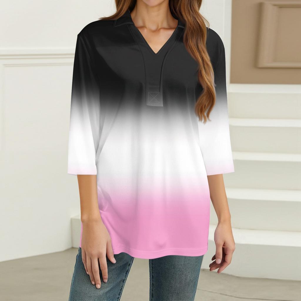 Women's Fashion Casual Lapel 3/4 Sleeve Print Shirt Women's V-Neck Tops