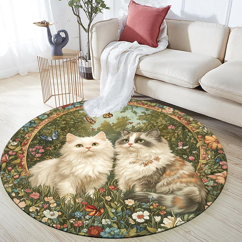 Ragdoll cat and grass pattern round rug,Carpet Rug for Living Room Bedroom Playroom ,Non-slip Floor Mat,Holiday Gifts and Birthday Gifts.