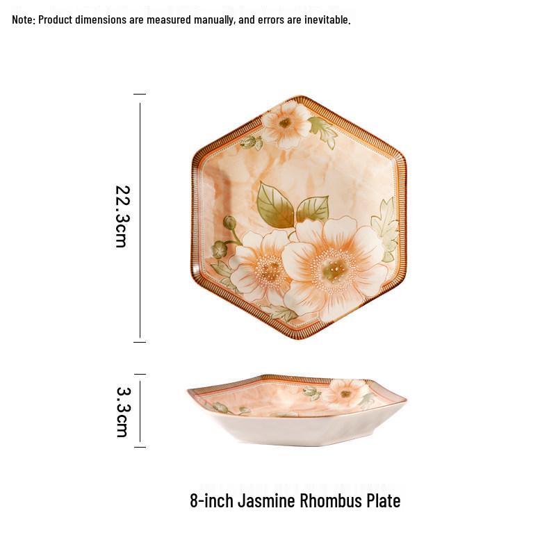 European Jasmine Rhombus Ceramic Dinnerware Set - Includes Small Plates, Fruit Plates, and Dinner Plates.