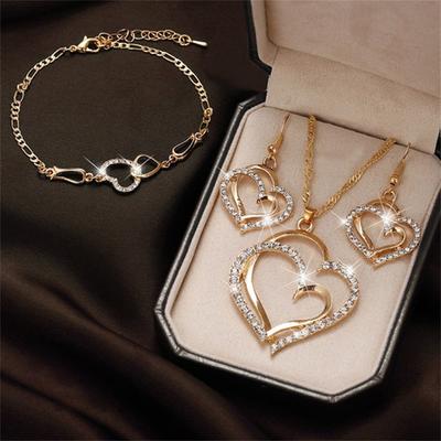 Exquisite Doppelherz-Halskette, Ohrringe, Armband, Schmuckset, Charm-Damenschmuck, modisches Brautaccessoire-Set, romantische Geschenke