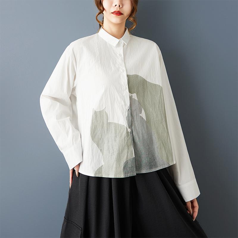 

DIMANAF 2026 Plus Size New Spring Summer Women Blouse Long Sleeve Casual Shirt Loose Tops Shirts Cotton Black Print one size белый