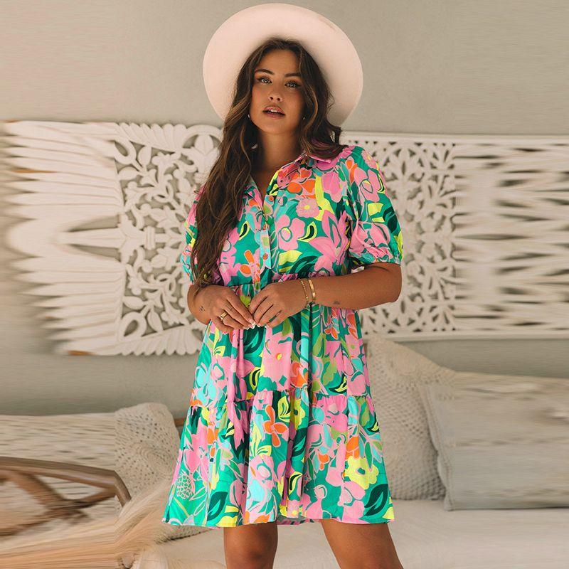 

2025 Summer New Arrival Florals Print Puff Sleeve Dress Women s Fashion Cute Age-Reducing High Waist Knee-Length Skirt Women Green Size XL fit (70.00 kg-75.00 kg