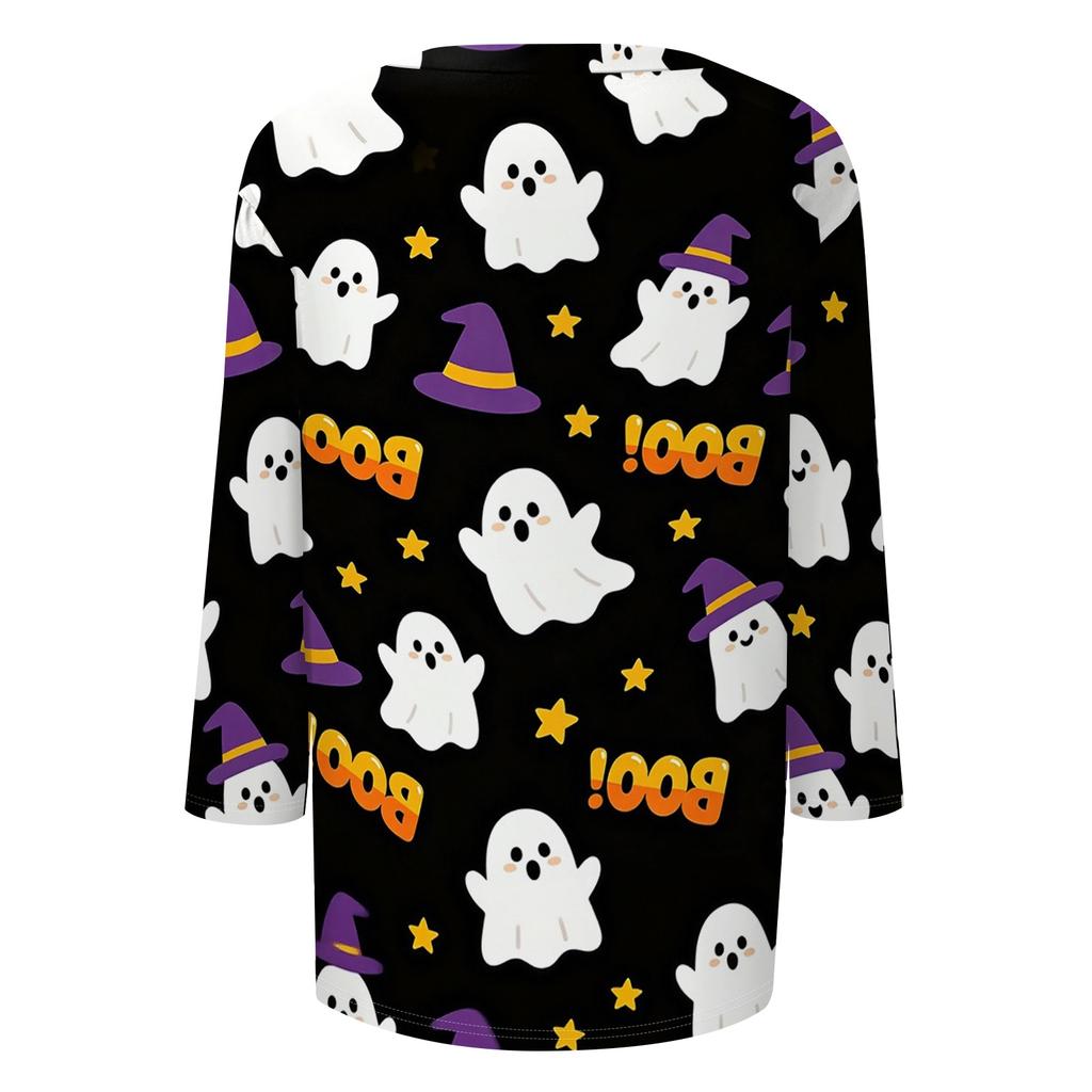 Damen Freizeit V-Ausschnitt Dreiviertelarm Oberteil Halloween Kürbisdruck Leichte Bluse für Herbst und Alltag