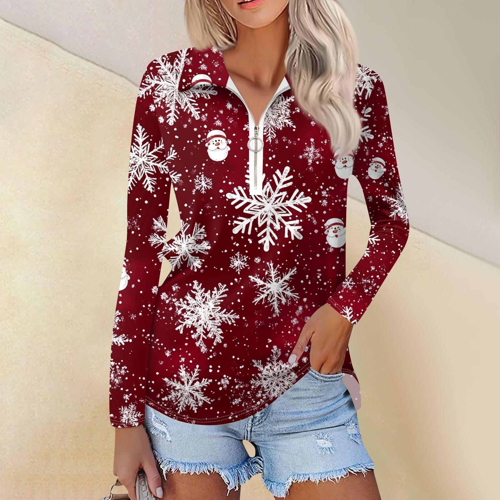 

Женская мода весна осень повседневная рождественская принтованная молния V-образный вырез длинный рукав рубашка топ XXXL винный