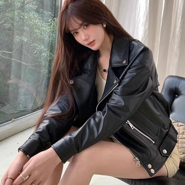 Women's Hong Kong Style Retro PU Leather Coat, Spring and Autumn Motorcycle Jacket