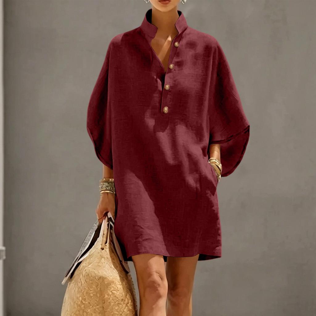 Casual Women Short Dress Linen Cotton Blend Stand Collar Button Front Half Sleeve Loose Fit Summer Tunic Dress