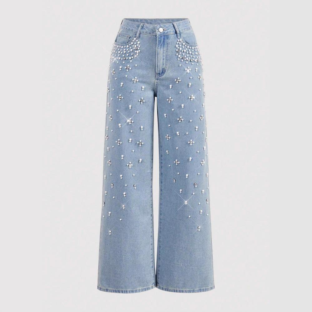Women's High Waist Straight Leg Jeans Loose Fit Rhinestone Pearl Beaded Non Stretch Denim Pants Elegant Fall Wash Wide Leg Trousers