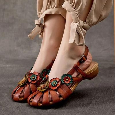Retro Women Rome Sandals Summer Flower Buckle Design Soft Leather Platform Sandal Casual Fashion Mom Shoes Sandalias Mujer