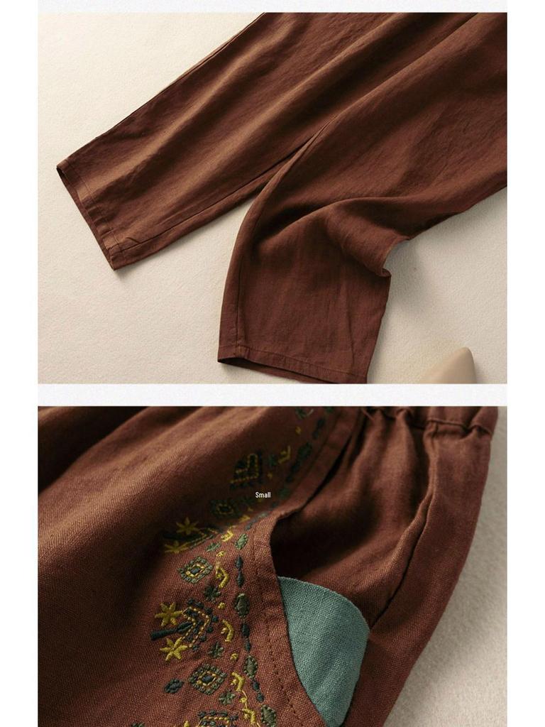 Women's Retro Embroidered Cotton-Linen Carrot Pants: 2024 Loose Harem Style for Spring, Summer, and Autumn