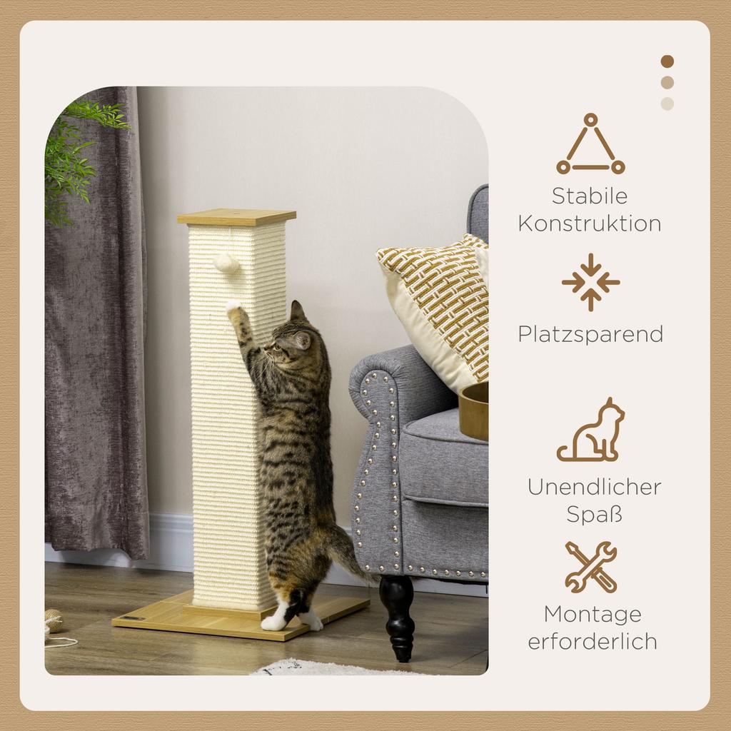 80cm Scratching Post, with Toy Ball, Sisal Rope - White