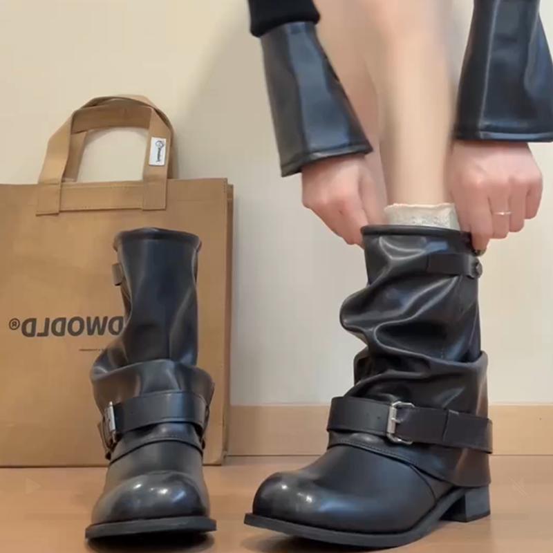 Autumn Winter Women Western Ankle Boots Belt Buckle Thick Heel Shoes Ladies Elegant Party Dress Short Booties