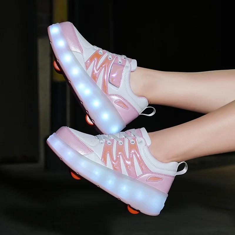 LED Racing Roller Skating Women's Roller Skate Shoes with Wheels 4 Detachable Wheels Speed Skates for Girl Sneaker with Wheels