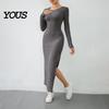 Daily Wear Autumn Dresses Women Round Neck Knitted Dress, Long Sleeve Pullover Sweater Formal Work Solid Color Stretchy Split Bodycon Dress for Winter