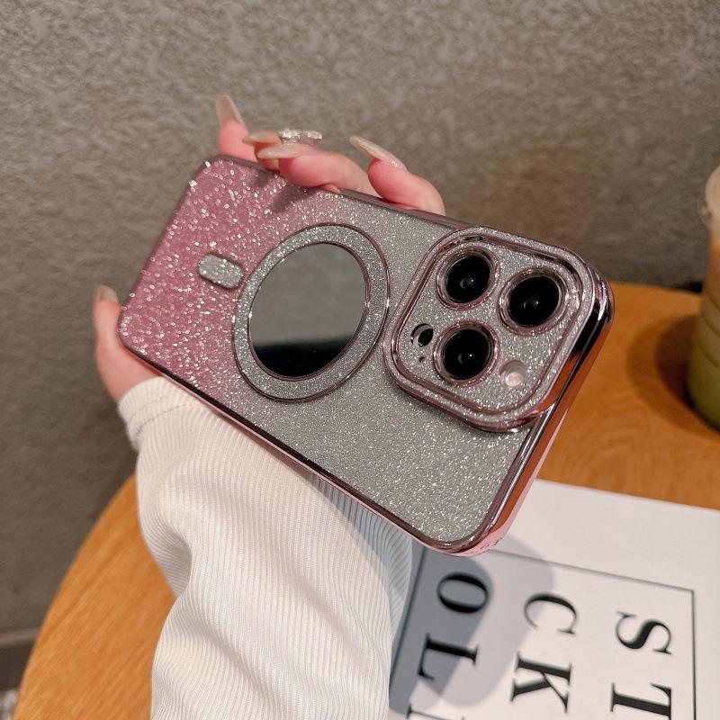 New Apple 16 mobile phone case iPhone15promax electroplated flash diamond lens 14 mirror glitter magnetic suction soft cover