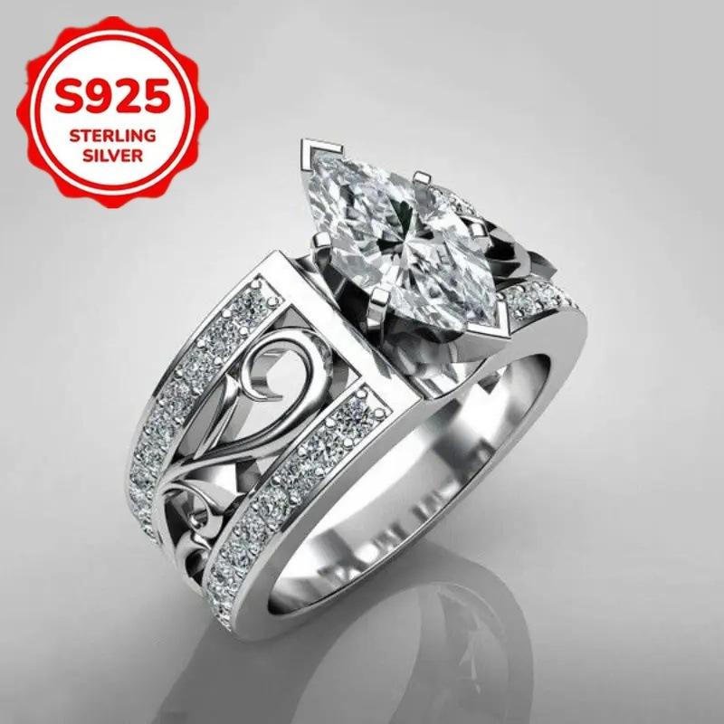 Ladies925Sterling Silver Ring inlay3A Zircon Vintage Hollow Flower Creative Birthday Anniversary Jewelry Gift