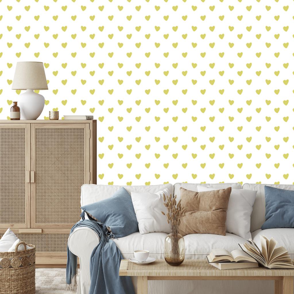 Heart Wallpaper White, Cream and Yellow 50x1000