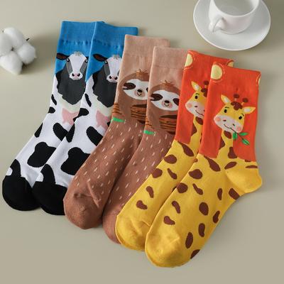 3 Paires Chaussettes Femme Koala Girafe Vache Motif Animal Dessin Animé Mignon Chaussettes Street Confort Respirantes Chaussettes Mi-Mollet Femme Lot