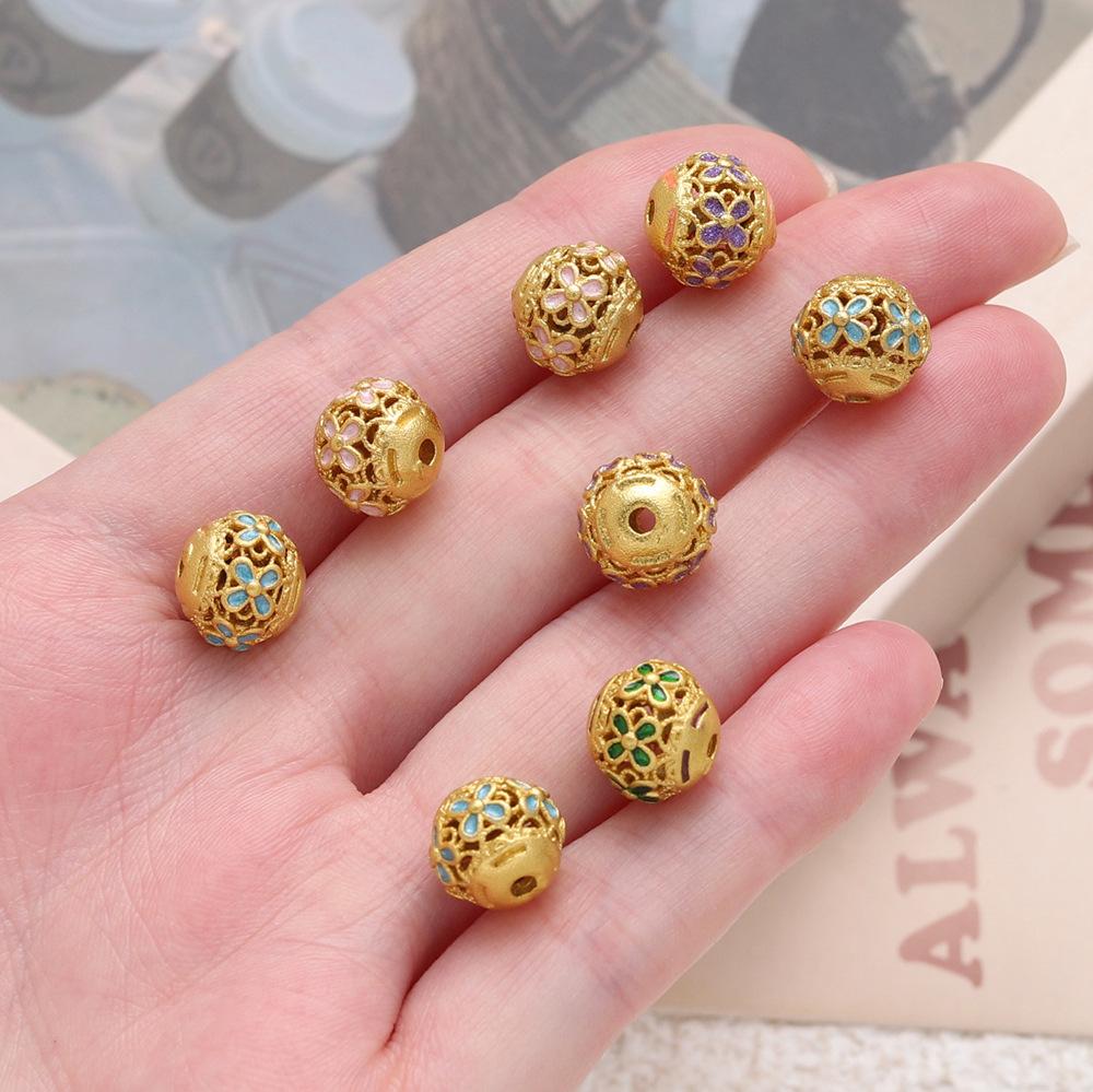 Copper Drop Oil Engraved Hollow Flower Round Bead Separated Bead Loose Bead DIY Bracelet Through Hole Jewelry Transfer Bead Jewelry Accessories